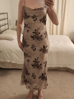 ROMWE Beige Floral Cowl-Neck Midi Dress